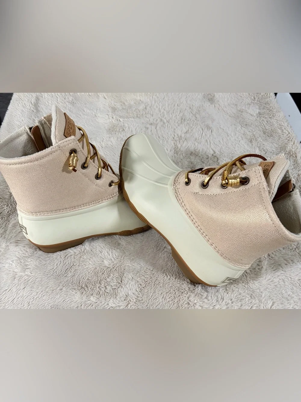 Sperry Cream Canvas Duck Boots with Tan Laces
